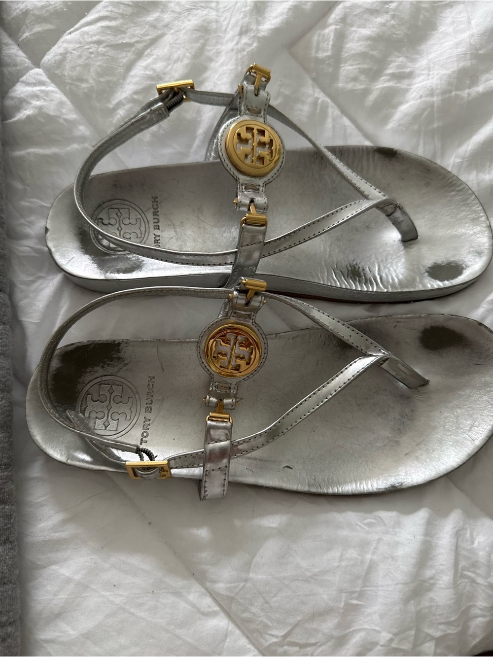 Tory Burch Metallic Silver Sandal with Gold Logo Medallion